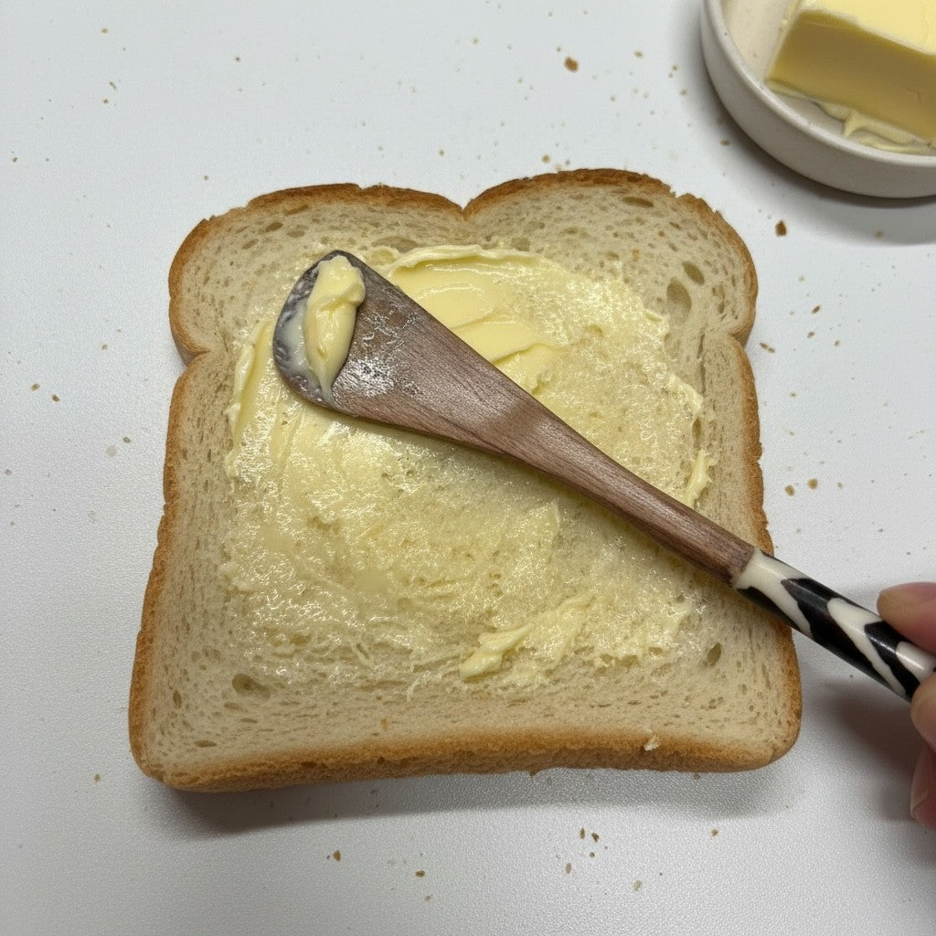 AFRICAGLAMOURART hand-carved wooden butter knife spreading butter on a slice of white bread