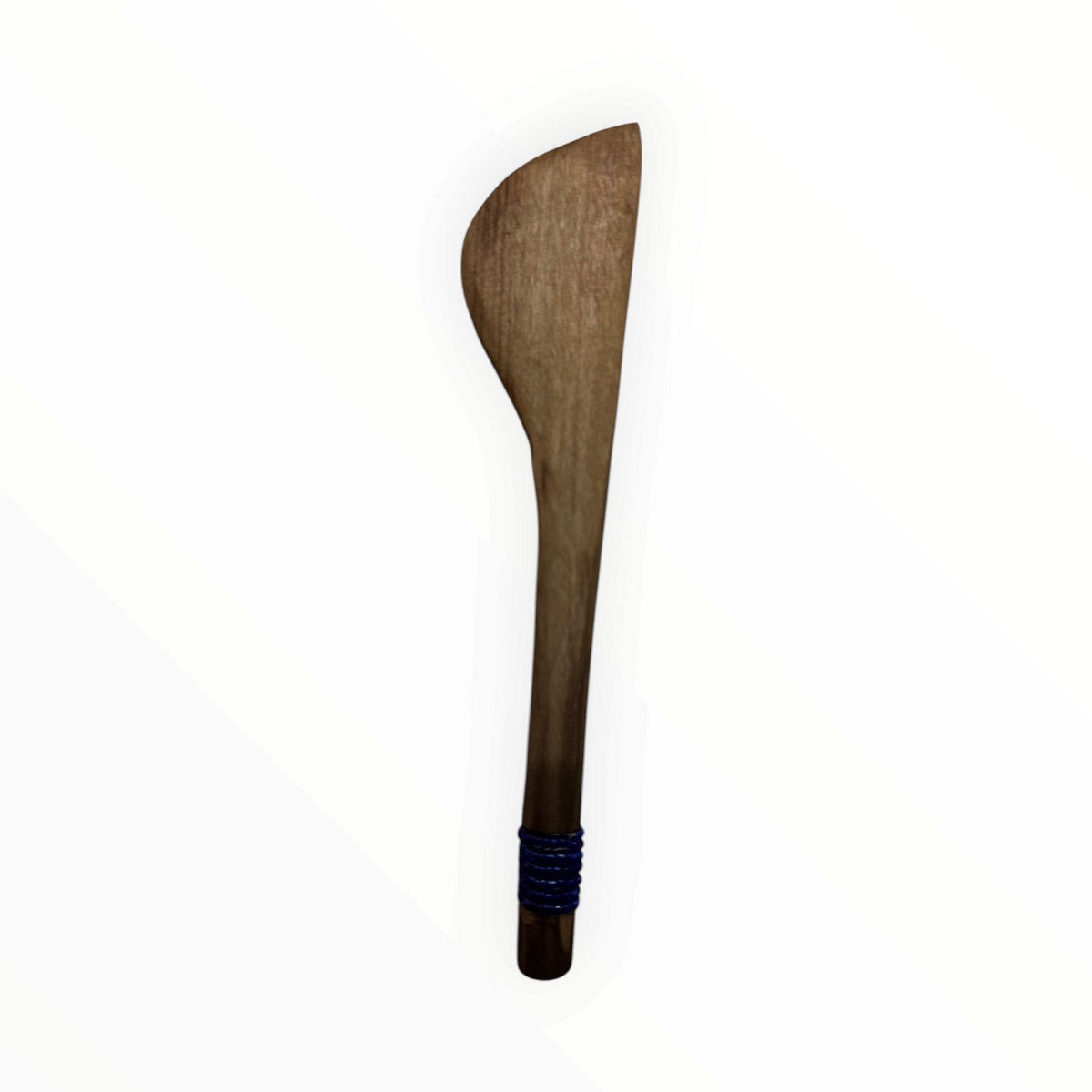 AFRICAGLAMOURART hand-carved wooden butter knife with a smooth curved blade and blue wrapped handle detail.
