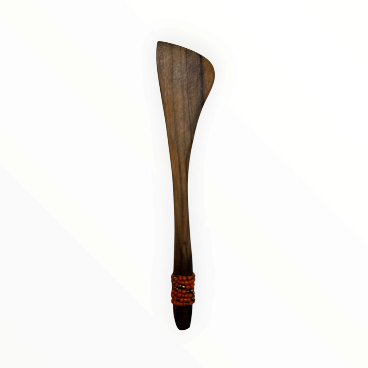 AFRICAGLAMOURART hand-carved wooden butter knife with a dark hardwood finish and decorative orange beaded handle.