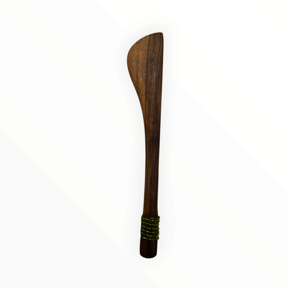 AFRICAGLAMOURART hand-carved wooden butter knife with natural grain and decorative green wire wrap on the handle