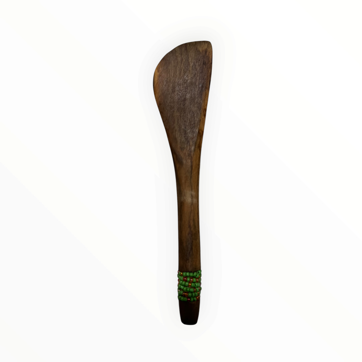 AFRICAGLAMOURART hand-carved wooden butter knife with natural grain and decorative green and red beaded handle detail.