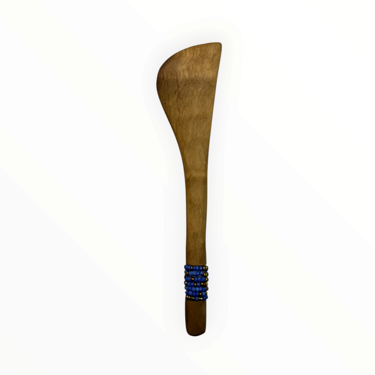 AFRICAGLAMOURART hand-carved wooden butter knife with a blue beaded handle detail on a white background.